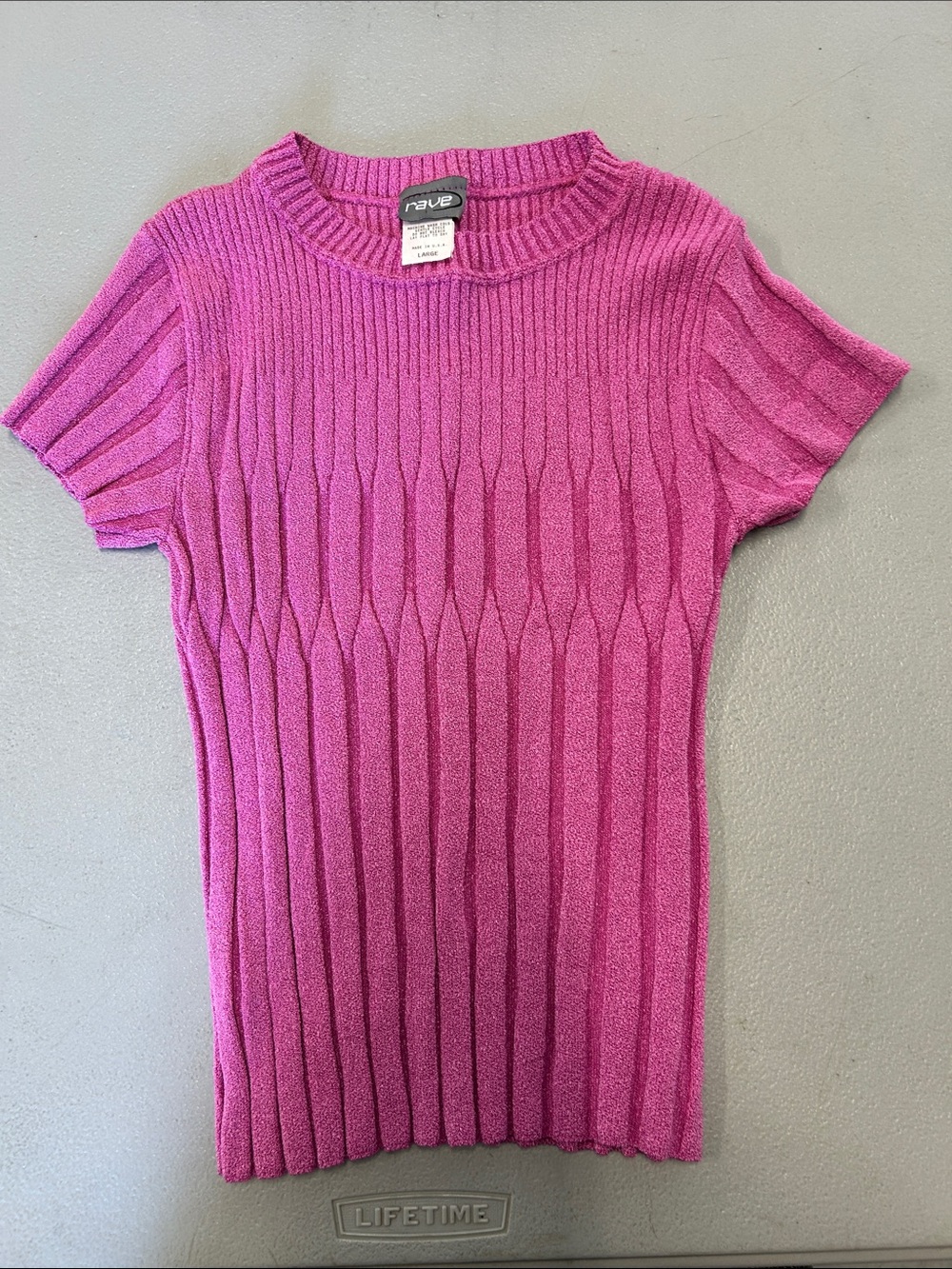 Y2K Rave Pink Ribbed Short-Sleeve Crew Sweater